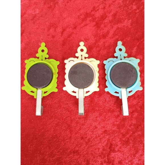 Vintage Mid-Century Decorative Wall Hooks Set Of 3 With Unique Blue Prints On Pl - Picture 2 of 5